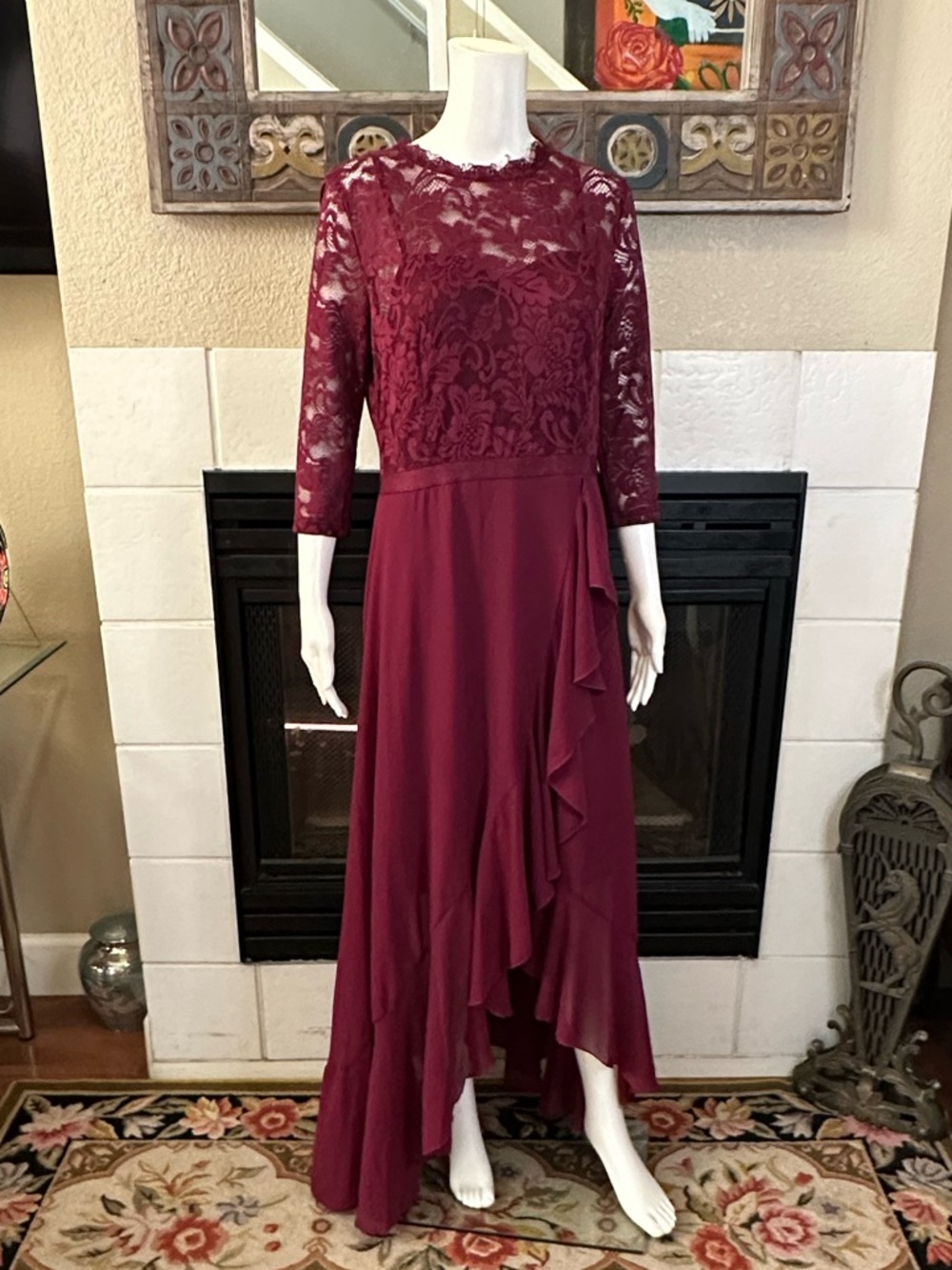 Miusol Wine Lace High-Low Ruffle Gown